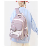 Sac à dos imperméable style mode Oxford, couleur rose, avec motifs et fermeture zippée, porté par une personne.