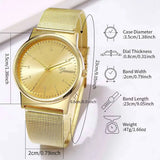 Infographie dimensions montre dorée femme : diamètre, épaisseur, longueur bracelet