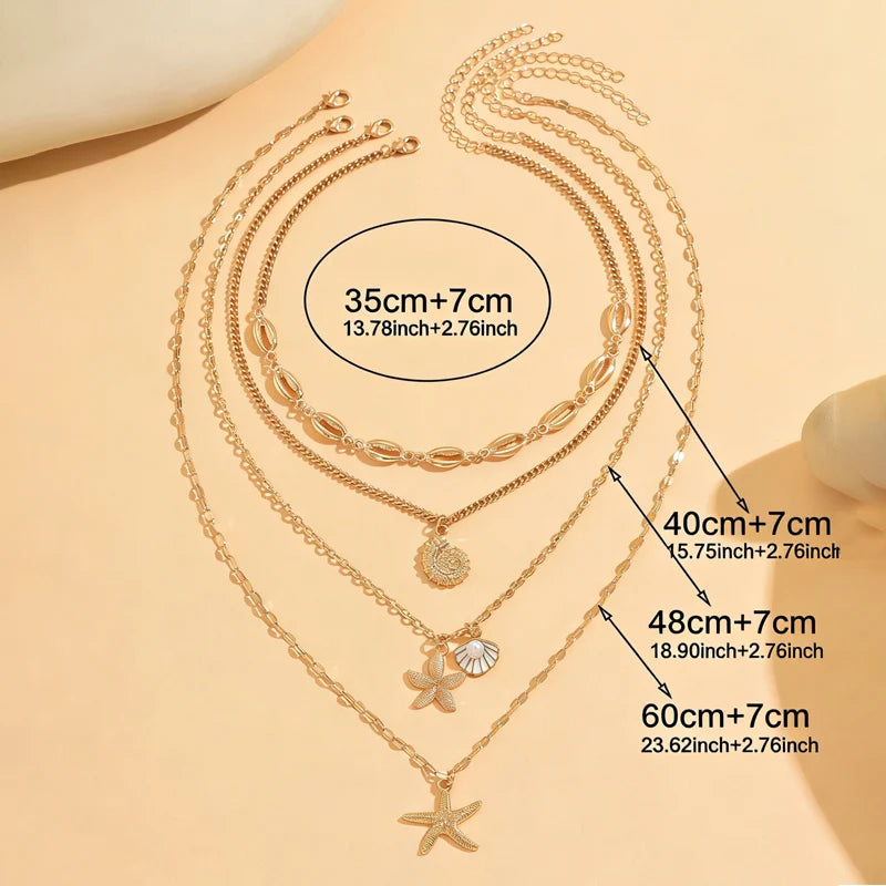 Schéma des longueurs de chaînes du collier multi-rangs Océan doré (35cm, 40cm, 48cm, 60cm)