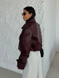 Veste Courte en Cuir Rouge Bordeaux pour Femmes