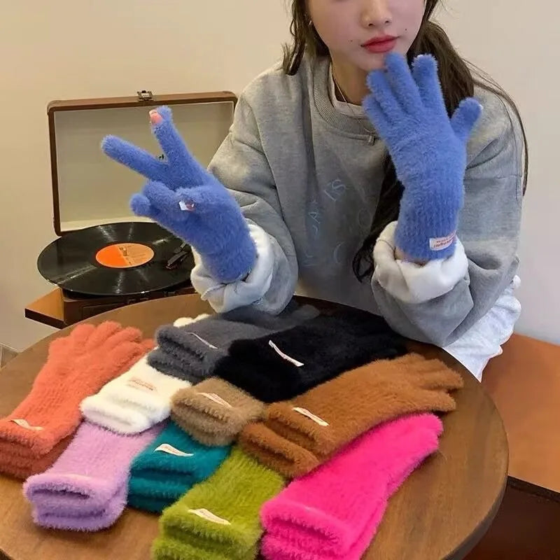 Gants D’Hiver Femme Tricotés Chauds en Velours Longs Tactiles Extérieurs
