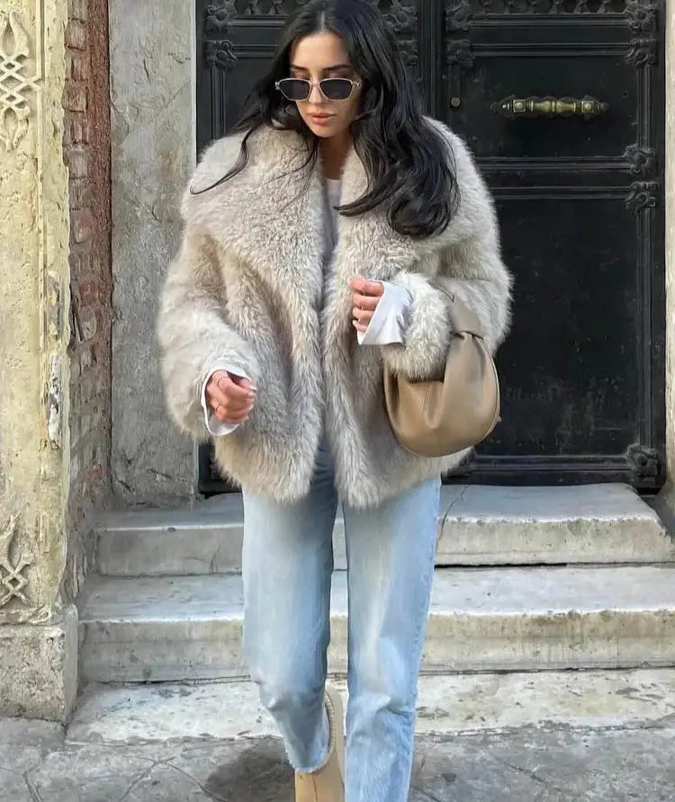 Veste Femme Cropped en Fourrure Synthétique Manches Longues