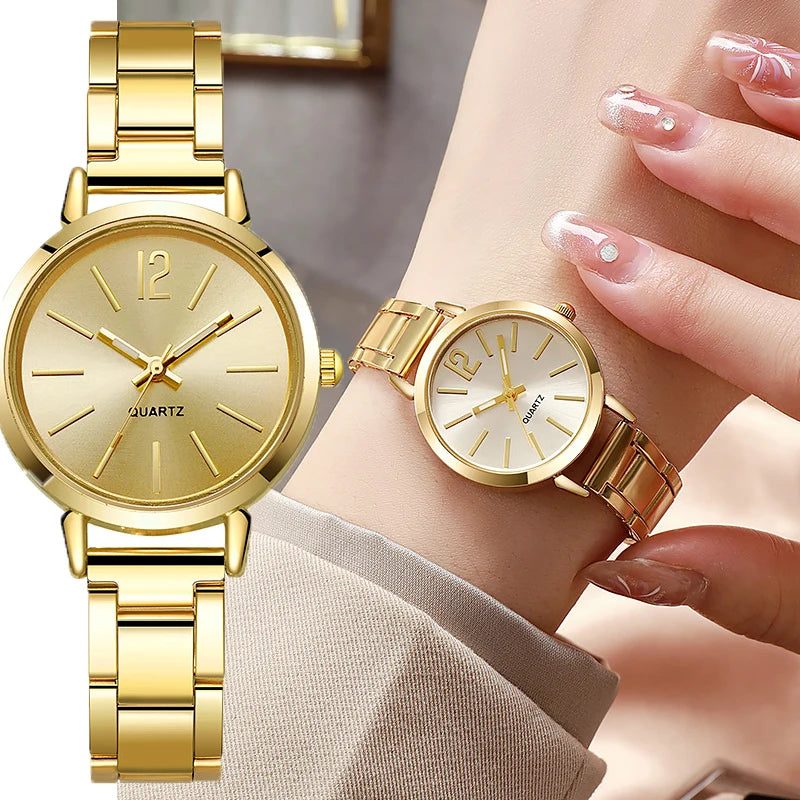 Montre femme élégante bracelet doré cadran rond minimaliste Emakujitia