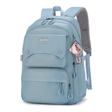 Sac à dos femme en nylon léger bleu, idéal pour le travail et les voyages, avec plusieurs poches et fermeture éclair.