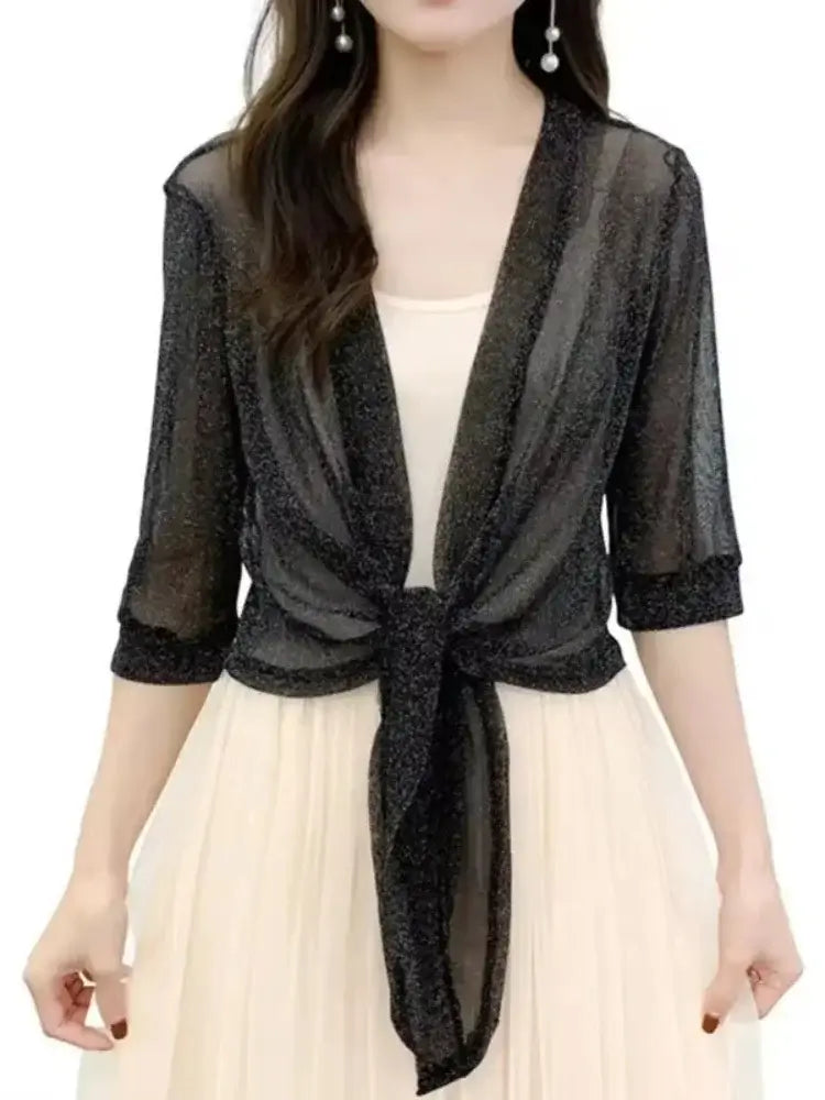 Cardigan d'Été Transparent à Paillettes avec Lacets et Manches Mi-longues