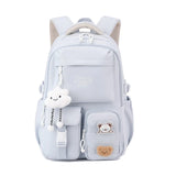 Sac à dos femme en nylon bleu clair avec pendentif nuage et ours, idéal pour le collège et la mode urbaine.