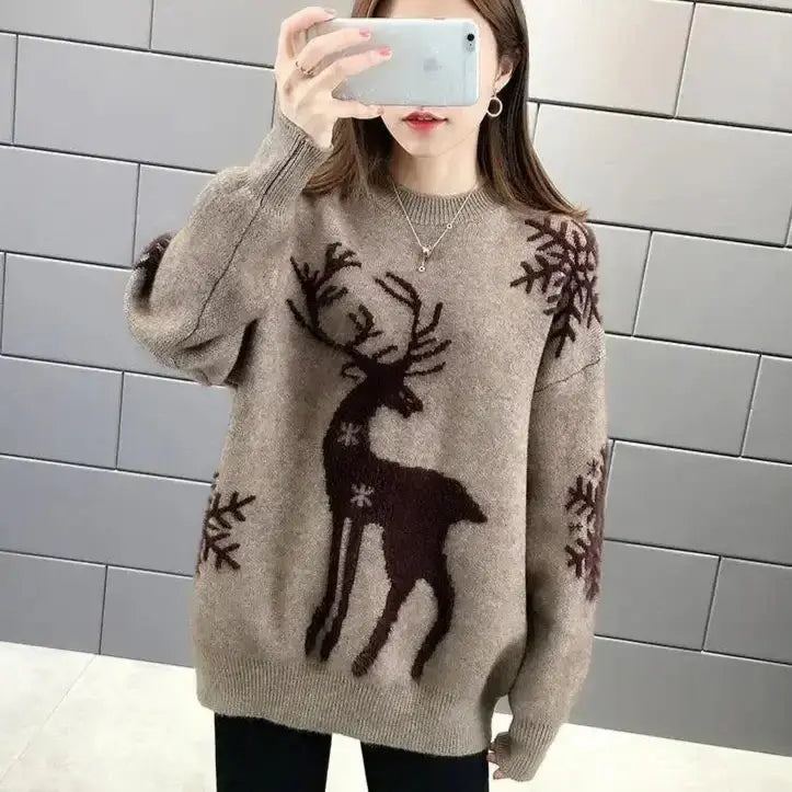 Pull chaud en maille imprimé noël pour femmes