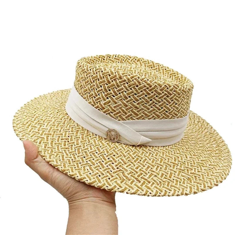 Chapeau en paille d'été à bord plat pour femme