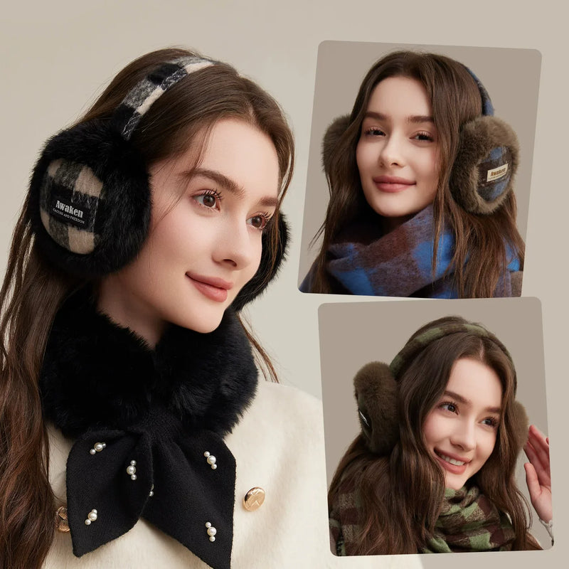 Cache-Oreilles Chaud Hiver Femme Motif Carreaux Fourrure Polyester Mode