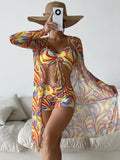 Maillot de bain 3 pièces femme imprimé jaune et rouge vibrant