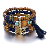 Ensemble de bracelets bohèmes avec perles bleues foncées et marron, breloque argentée et perles en bois