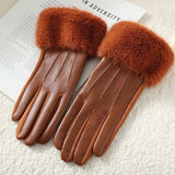 Gants Femme Hiver Simili Cuir Style Élégant avec Poignet Fourrure Tactile
