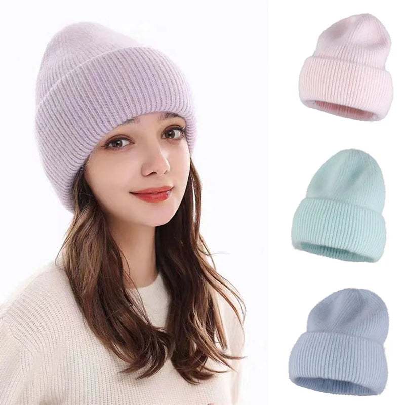 Bonnet Hiver Femme en Fourrure de Lapin Tricoté Chaud Style Minimaliste
