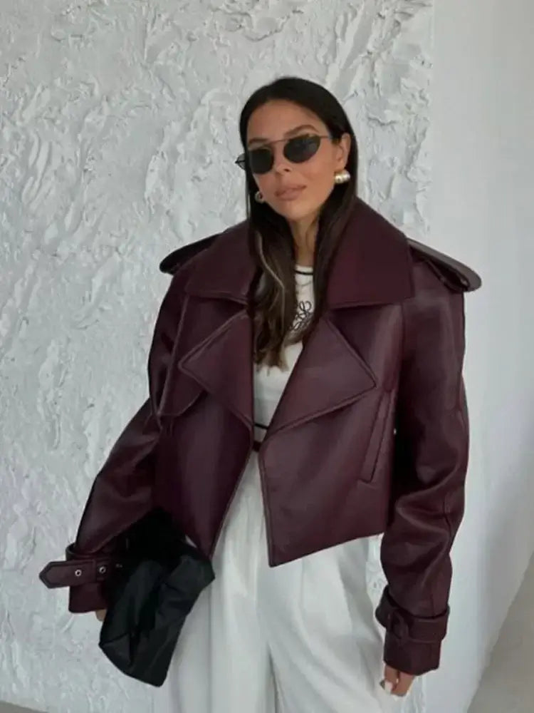 Veste Courte en Cuir Rouge Bordeaux pour Femmes