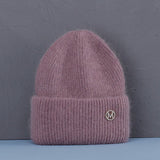 Bonnet Hiver Femme en Fourrure de Lapin Tricoté Chaud Style Minimaliste