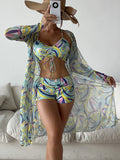 Maillot de bain complet 3 pièces imprimé bleu, jaune et vert pastel