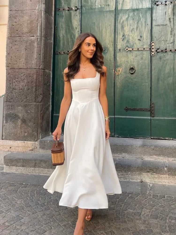 Robe Élégante Blanche Taille Haute Femme