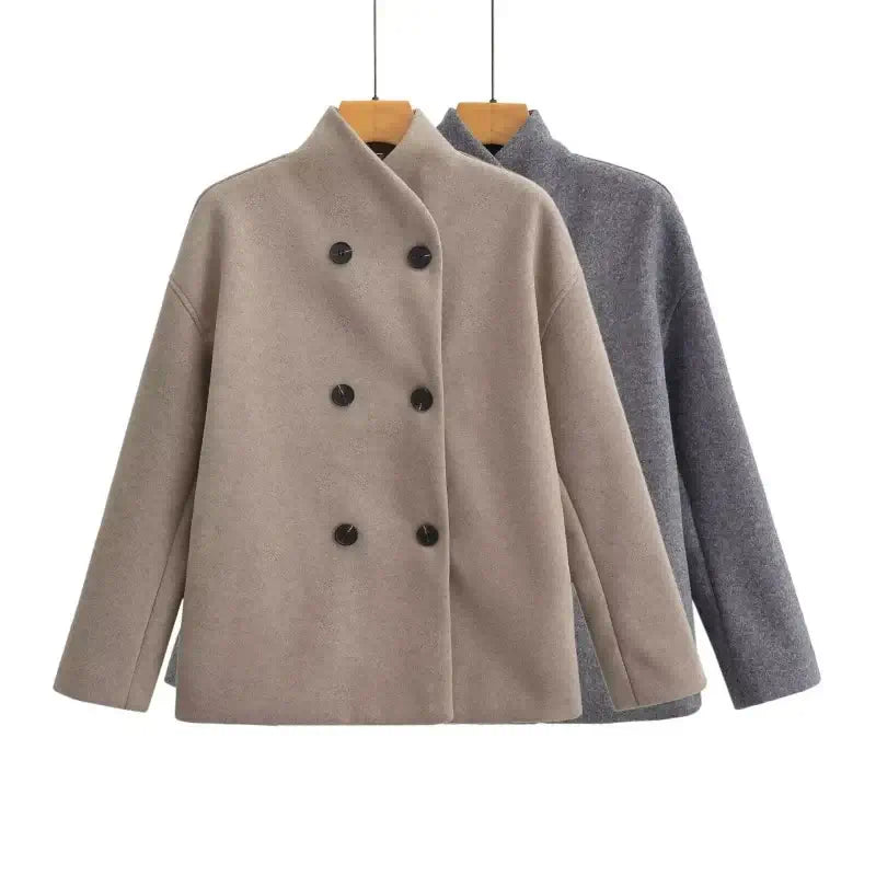 Women's Short Wool Coat with Stand-Up Collar