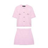 Ensemble Femme En Tricot À Col Rond Avec Jupe Mini Élastique