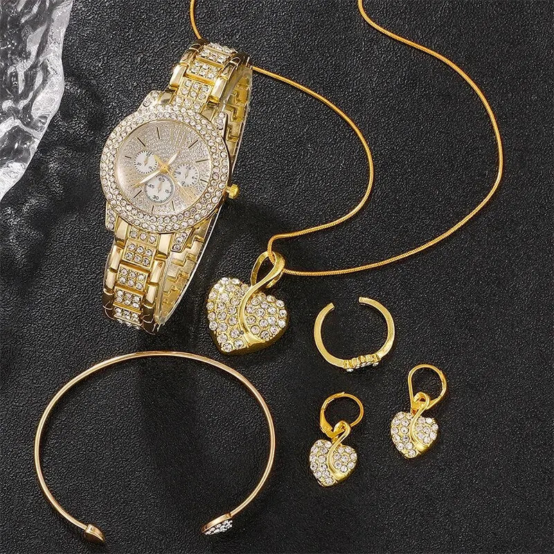 Ensemble de bijoux dorés luxe pour femme incluant montre, collier cœur, boucles d'oreilles et bracelet fin
