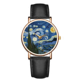 Montre femme bracelet cuir noir cadran La Nuit Étoilée Van Gogh