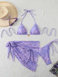 Ensemble bikini 3 pièces, haut triangle, bas nouable, paréo, motif fleur d'hibiscus