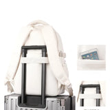 Sac à dos femme en nylon avec design pratique et poche pour tablette, posé sur une valise.