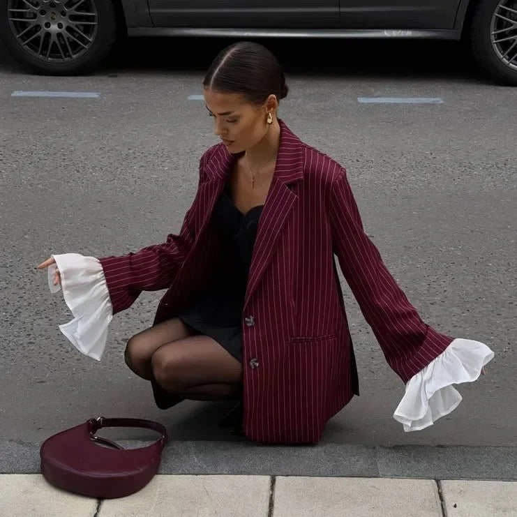 Blazer à rayures bordeaux décontracté pour femmes