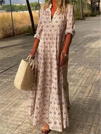 Robe Longue Femme Bohème Imprimée à Manches Longues