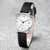Montre femme quartz bracelet cuir noir cadran chiffres romains argenté