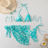 Maillot de bain 3 pièces turquoise avec imprimé fleur d'hibiscus et paréo, style bohème chic