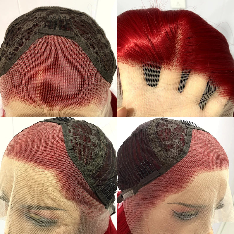 Perruque synthétique rouge ondulée avec dentelle frontale