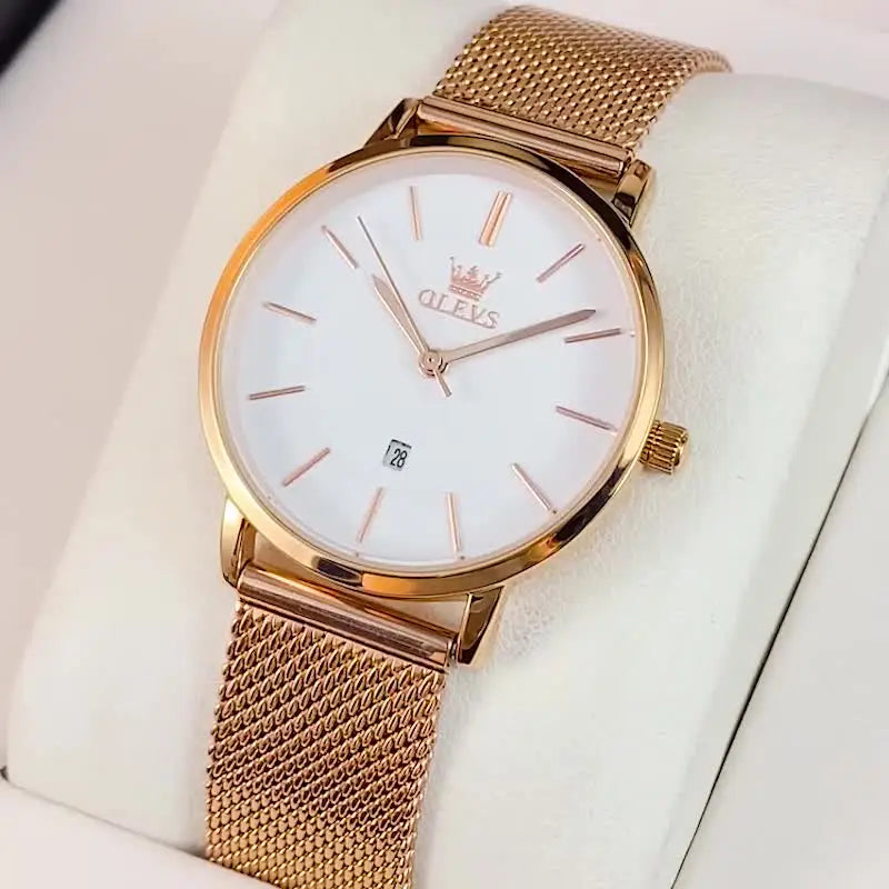 Montre femme OLEVS cadran blanc or rose, bracelet milanais en acier inoxydable