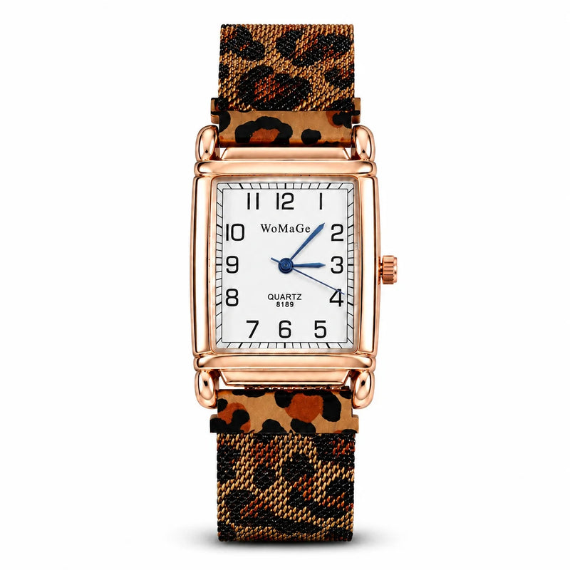 Montre femme cadran carré blanc et bracelet imprimé léopard doré