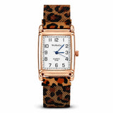 Montre femme cadran carré blanc et bracelet imprimé léopard doré
