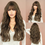 Perruque Synthétique Ondulée Longue Brun Clair Mèche Blonde Femme