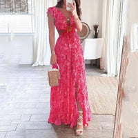 Robe Longue Élégante Imprimée Fleurie à Décolleté V profond