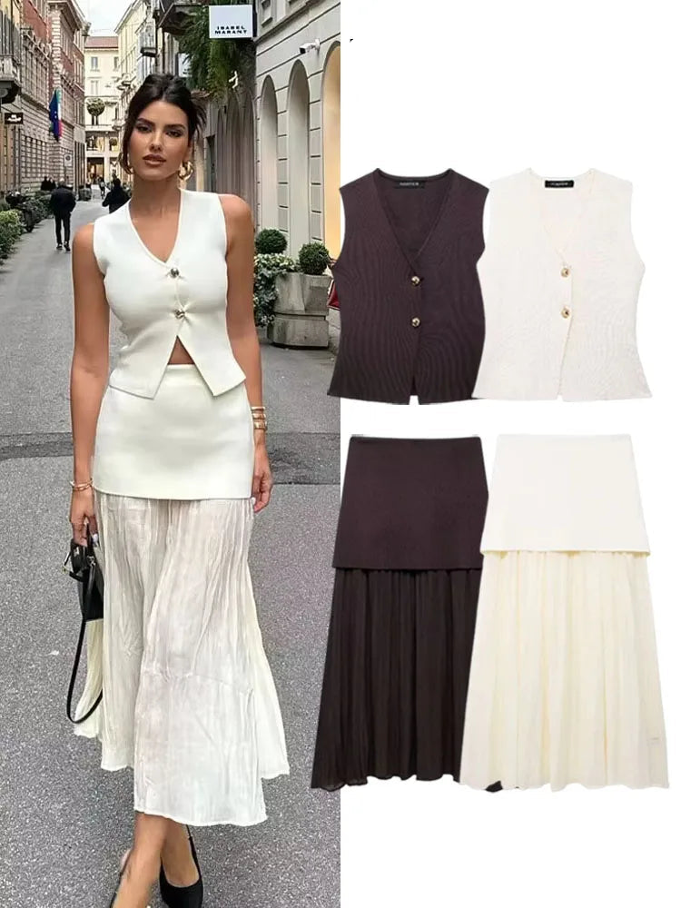 Conjunto elegante para mujer: camiseta de tirantes de punto con cuello en V y falda larga abotonada