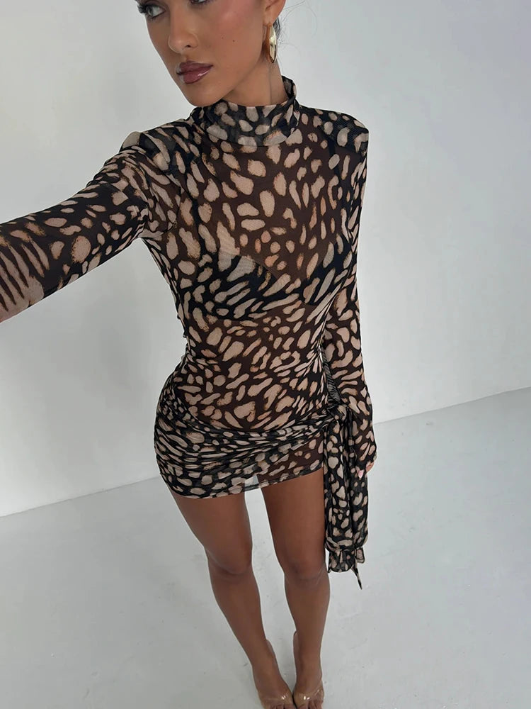 Robe Femme Sexy Col Roulé Imprimé Léopard Mini