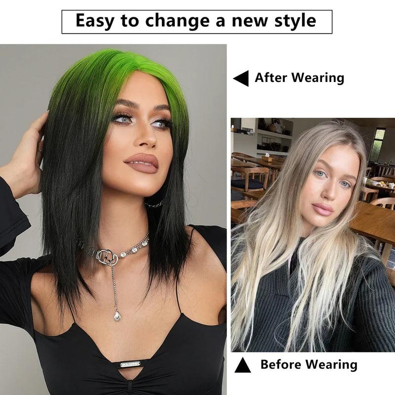 Perruque Mi Longue Synthétique Ombrée Verte Noire Raie Milieu Femme