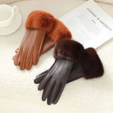 Gants Femme Hiver Simili Cuir Style Élégant avec Poignet Fourrure Tactile