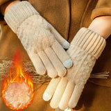 Gants D’Hiver Femme En Laine Tricotée À Écran Tactile Rembourrés Poignet Court