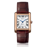 Montre carrée rétro femme bracelet cuir marron cadran blanc chiffres romains, vue de face sur fond blanc