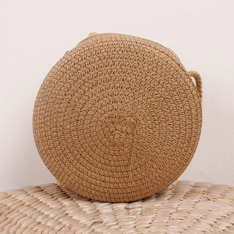 Sac d'été en paille tressée pour femmes - Sac bandoulière rond