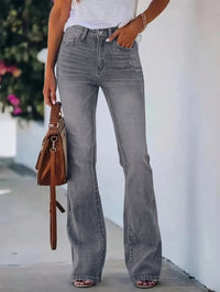 Jean élégant pour filles, couleur unie, taille haute, ajusté et évasé.