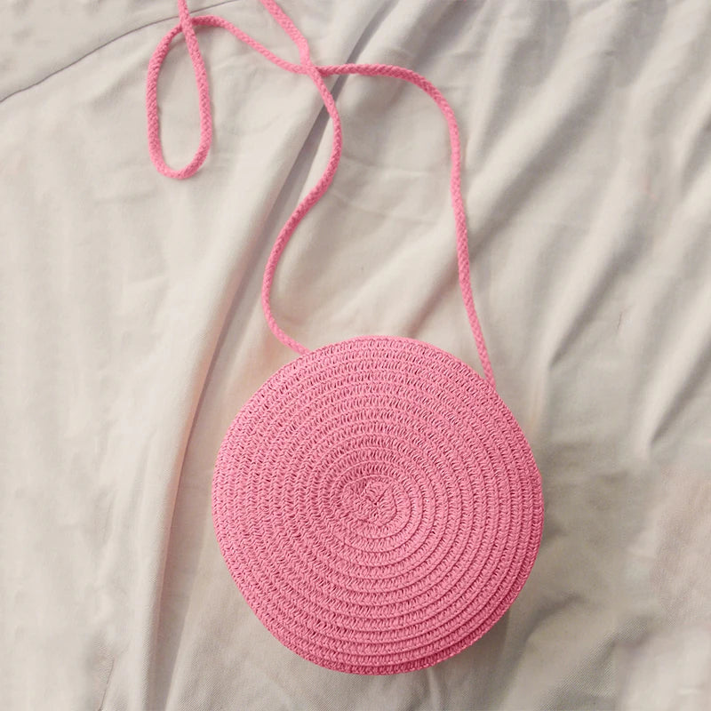 Sac d'été en paille tressée pour femmes - Sac bandoulière rond