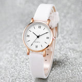 Montre femme quartz bracelet cuir blanc cadran chiffres romains doré