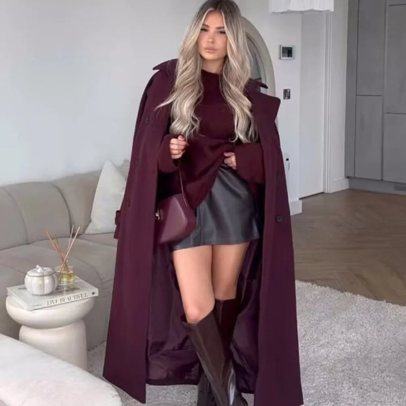 Manteau Long Femme Laine Style Rétro Double Boutonnage Hiver