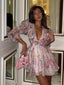 Robe Courte Évasée à Décolleté en V Tie-Dye Floral 3D