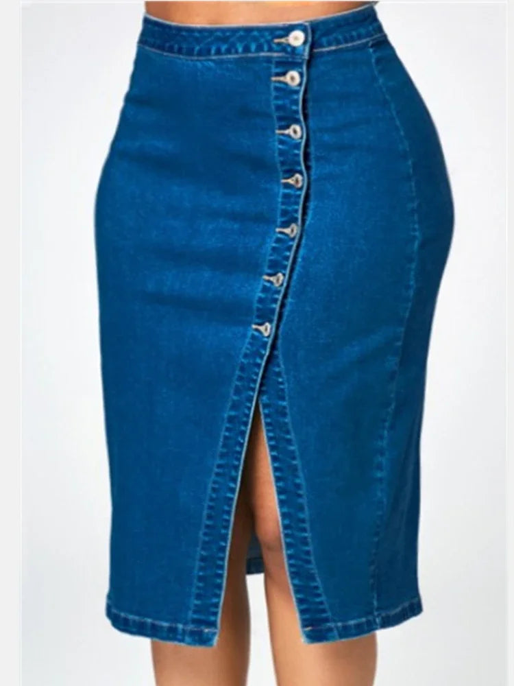Jupe Mi-Longue en Jean Moulante Taille Haute